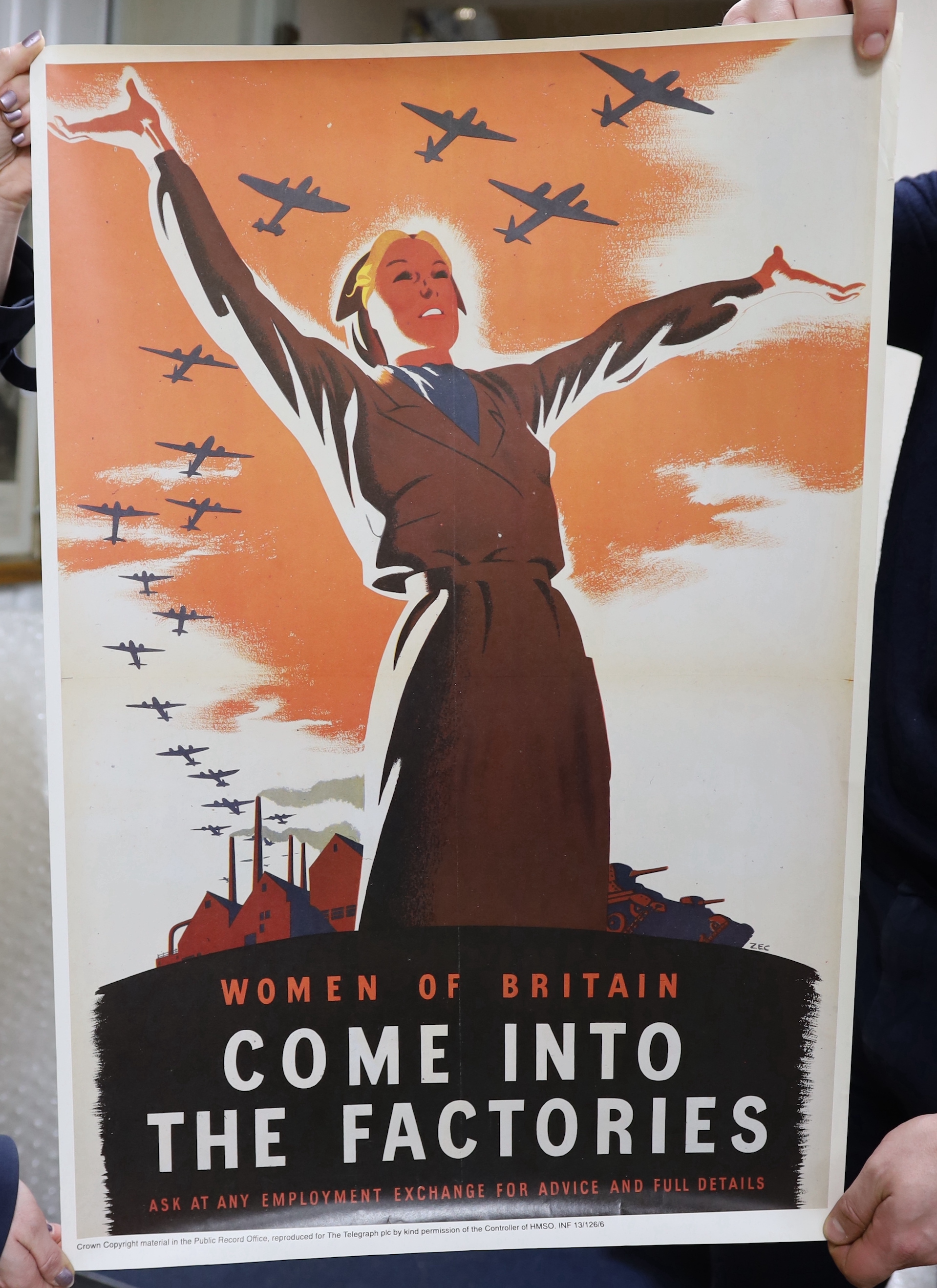 Seven facsimile re-print WWII propaganda posters and a poster of a spitfire, latter 42x 59cm